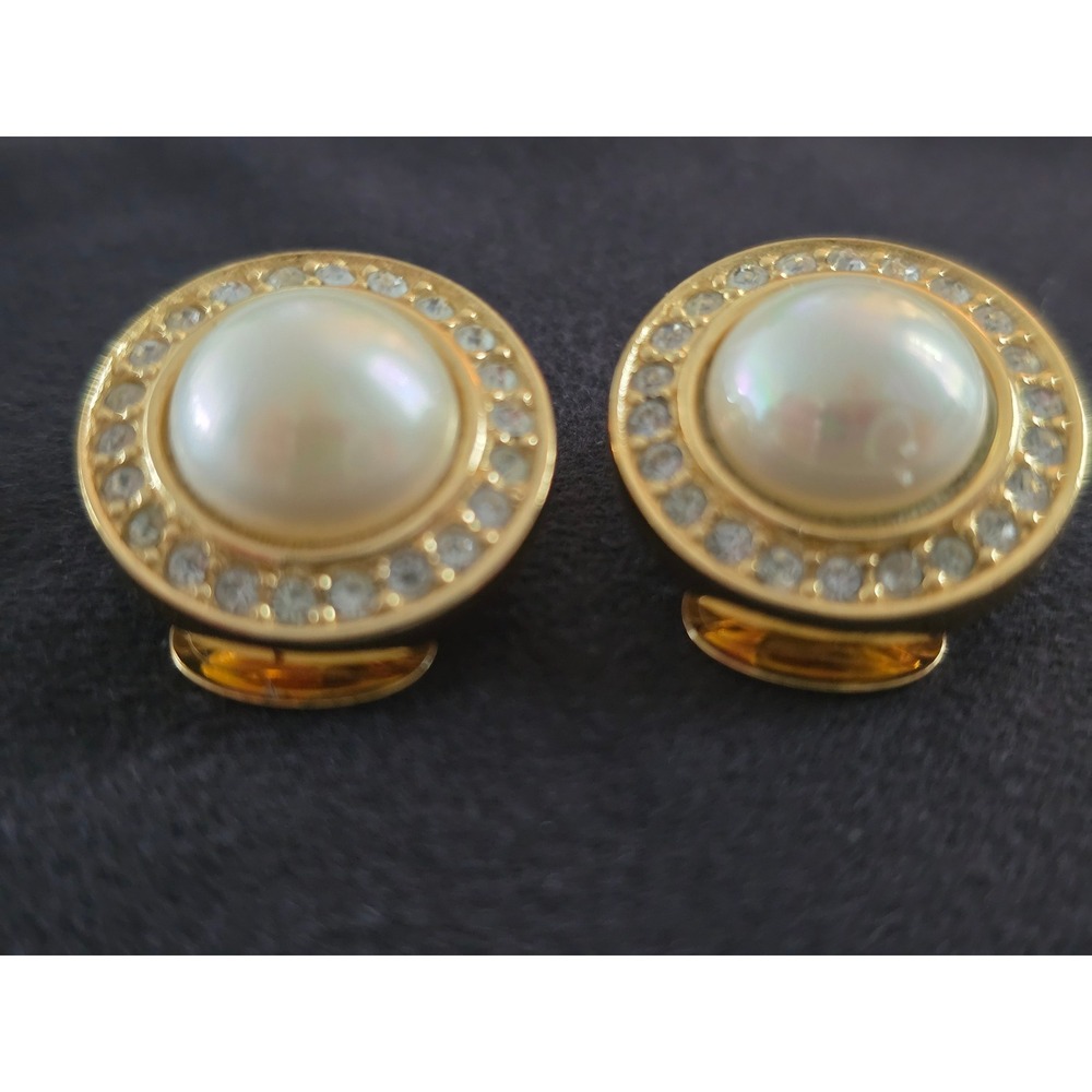 Vintage Christian‎ Dior Gold Tone Faux Pearl Rhinestone Clip On Earrings